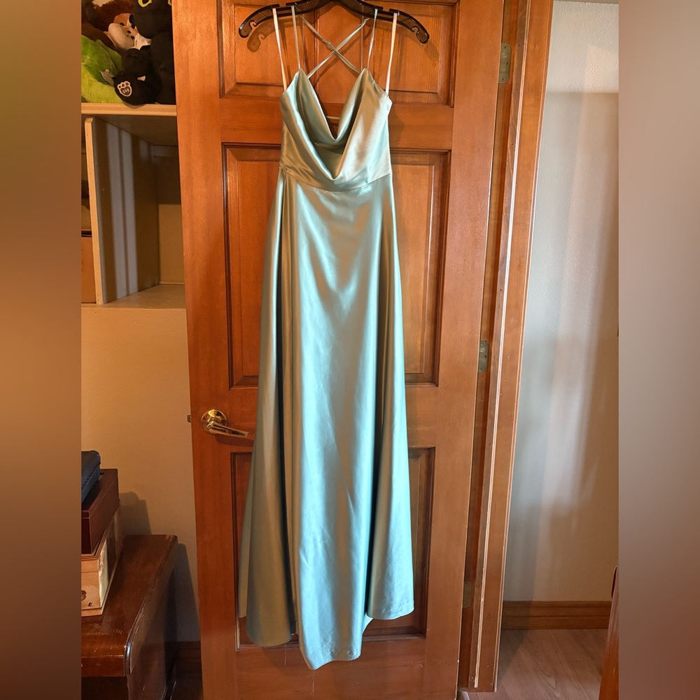 B. Darlin Satin Cowl Neck Maxi Dress in Seafoam